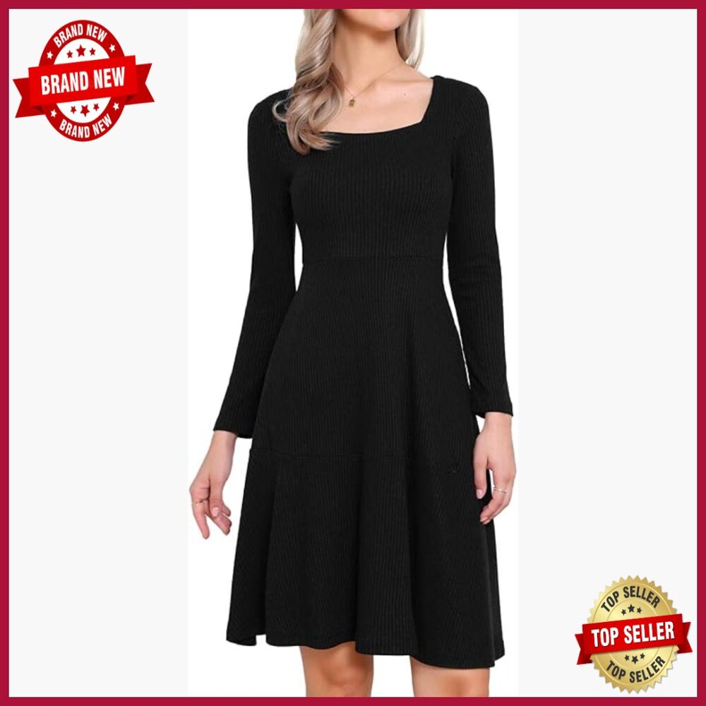 Knit Sweater Dress Long Sleeve Square Neck A-Line With Pockets